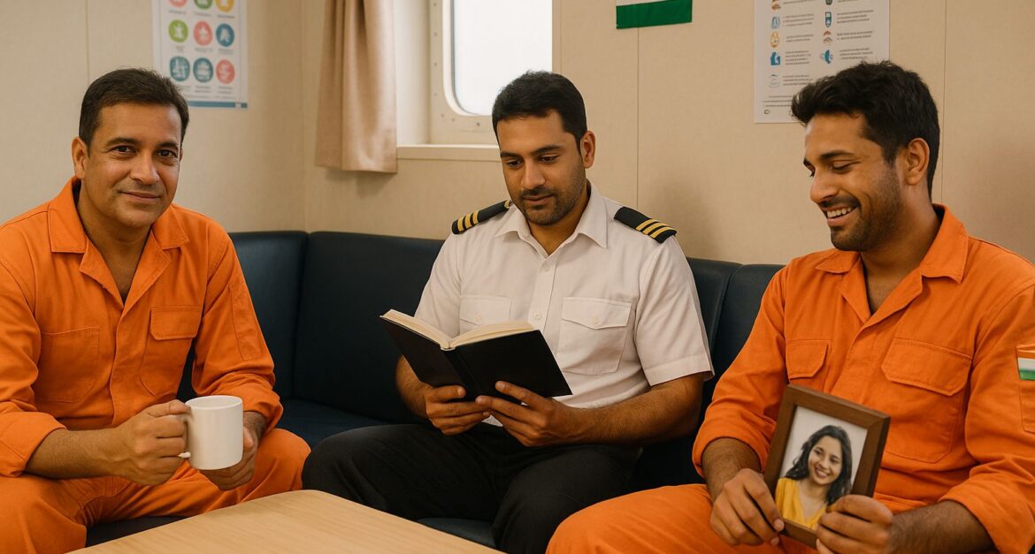 Indian seafarers relaxing in a ship's recreation room, promoting mental wellness and crew engagement.