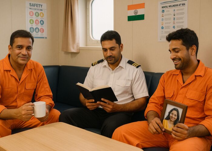 Indian seafarers relaxing in a ship's recreation room, promoting mental wellness and crew engagement.